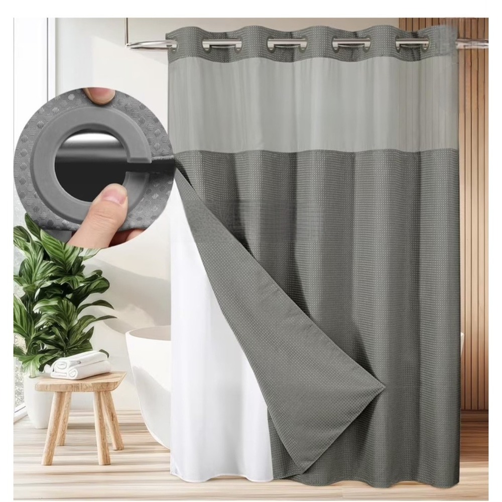 Barossa Design Gray Waffle Weave Hookless Shower Curtain, extra Snap-Liner 70x57